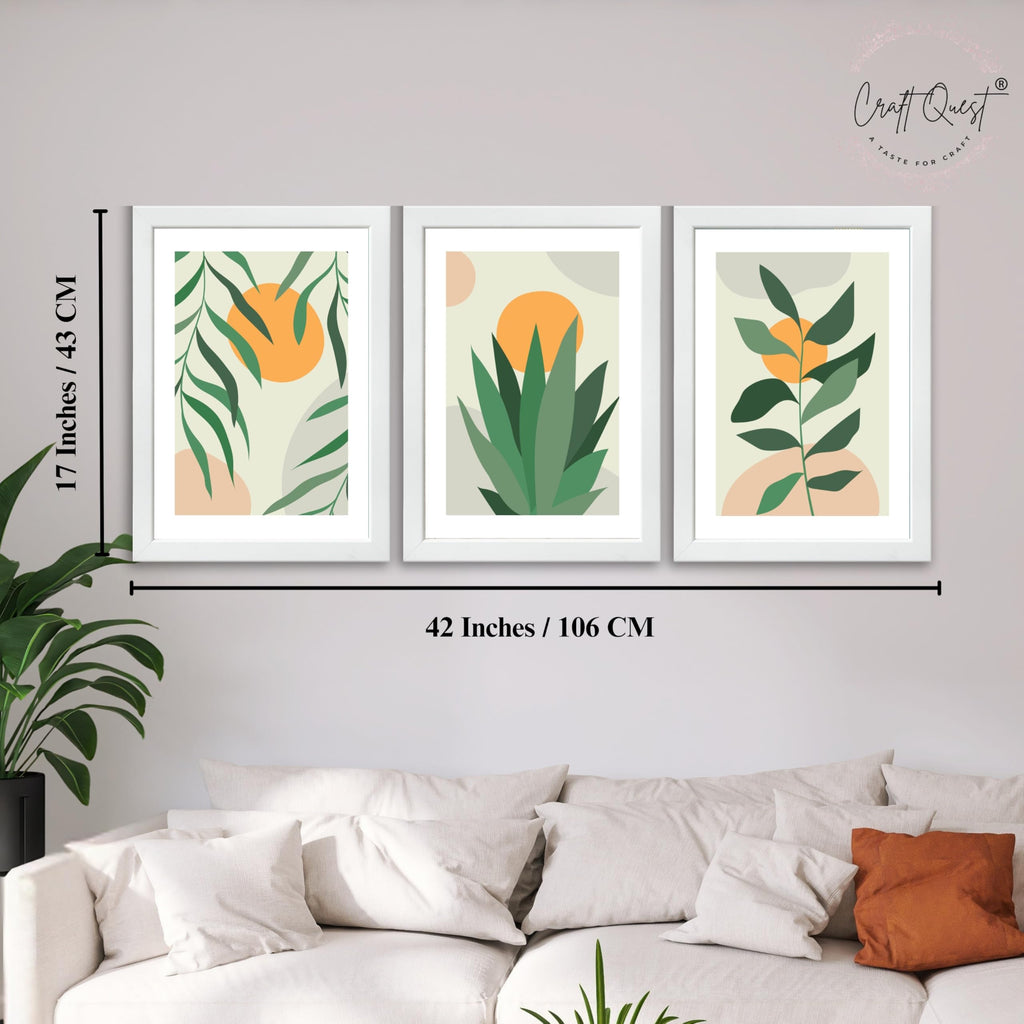 CRAFT QUEST Nature Inspired Botanical Abstract Wall Art | Set of 3 Frames for Home Decoration | Ideal for Living Room, Bedroom & Office