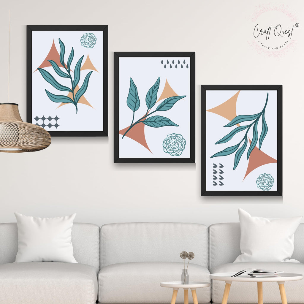 CRAFT QUEST Nature Inspired Botanical Wall Art Abstract Leaves Wall Art | Set of 3 Frames for Home Decoration | Ideal for Living Room, Bedroom & Office