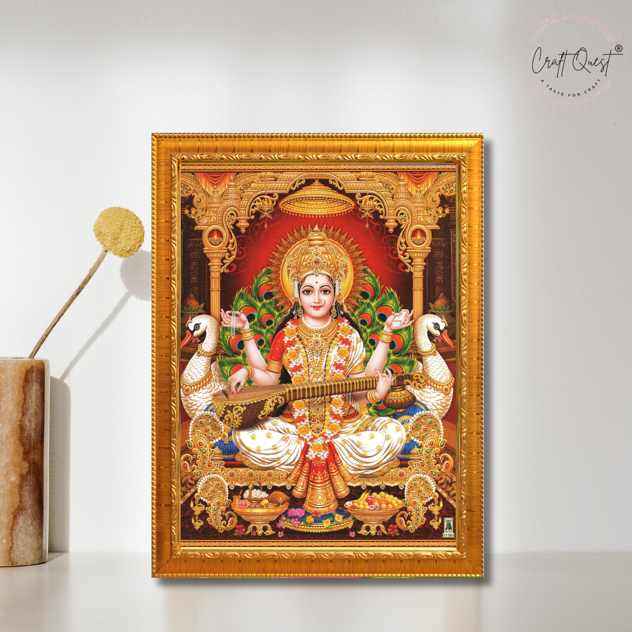 CRAFT QUEST Saraswati Devi Goddess Saraswathi Maa Wall Painting Framed For Home Décor Synthetic wooden Framed