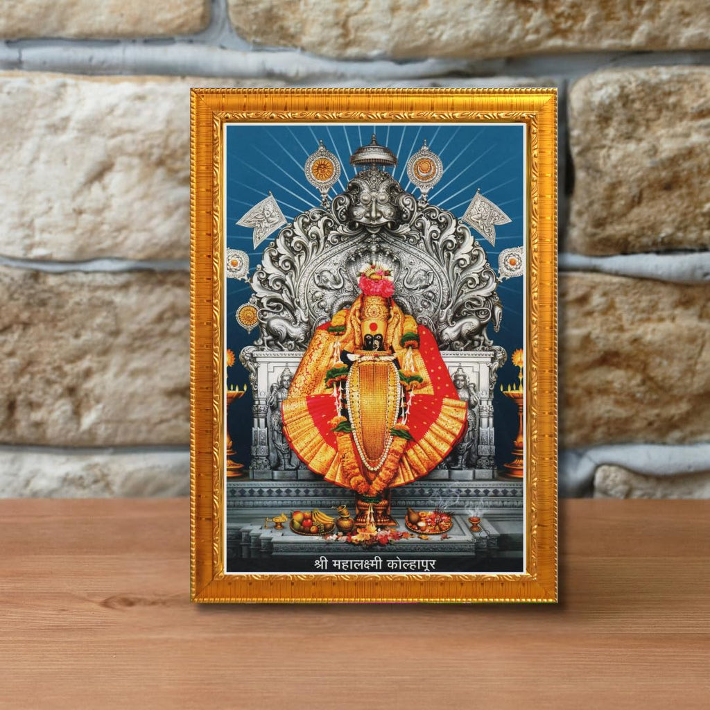 CRAFT QUEST Goddess MahaLakshmi Devi Kolhapur Wall Painting Frame with Acrylic glass Home Decor (Synthetic, Matte Finish, Golden, Small Size, 7 X 9 Inch)