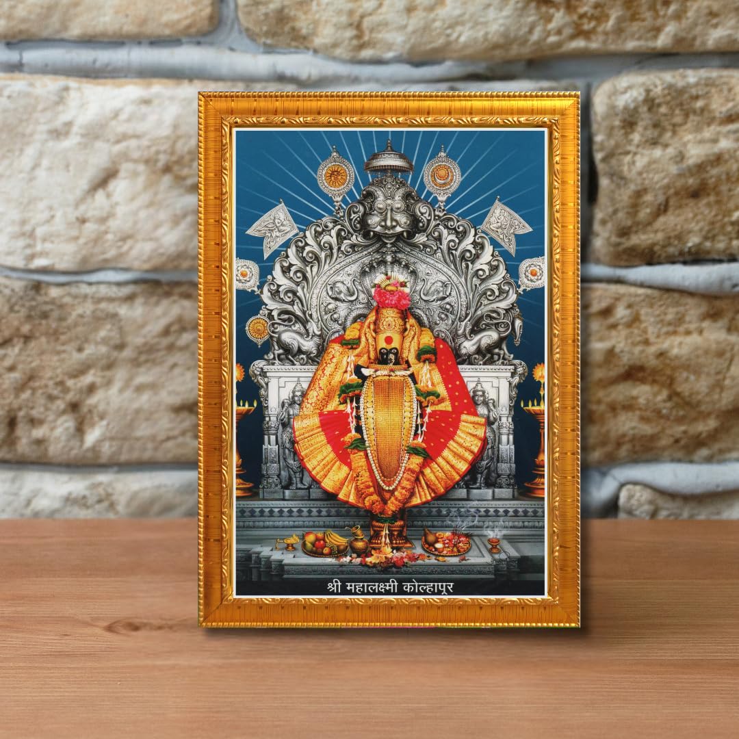 CRAFT QUEST Goddess MahaLakshmi Devi Kolhapur Wall Painting Frame with Acrylic glass Home Decor (Synthetic, Matte Finish, Golden, Small Size, 7 X 9 Inch)