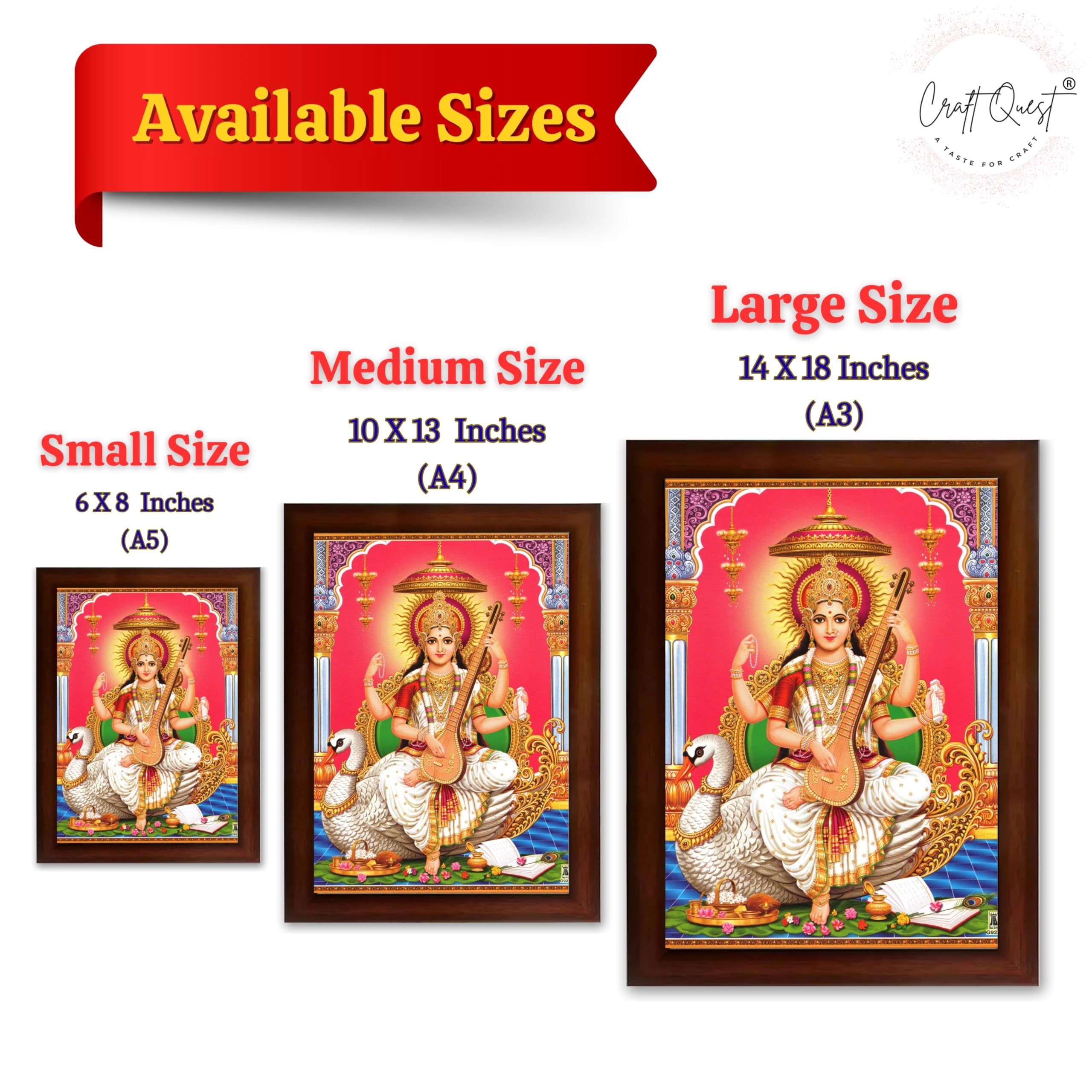 CRAFT QUEST Saraswati Devi Goddess Saraswathi Maa Wall Painting Sparkle Coated Framed Home Décor Synthetic wooden Framed