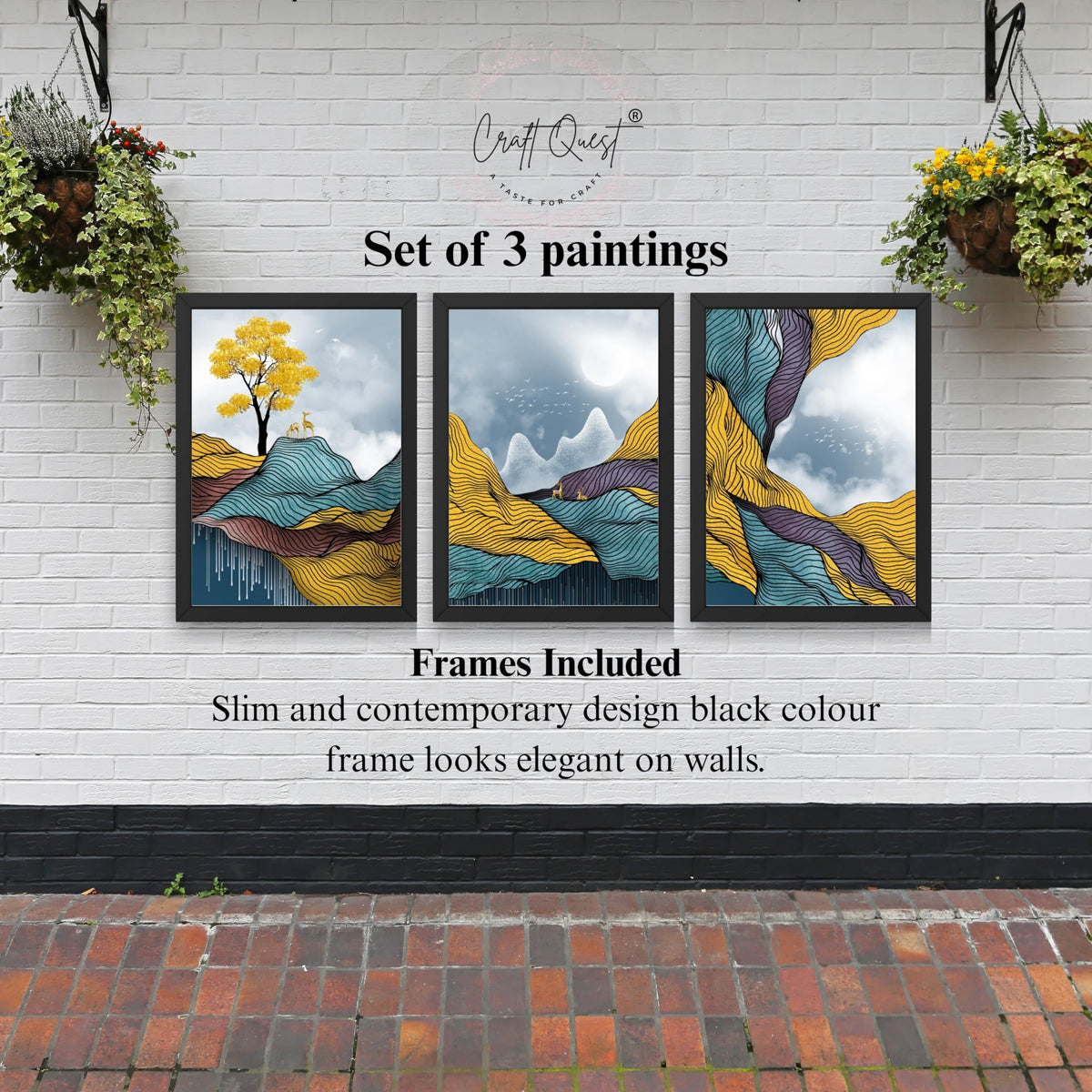 CRAFT QUEST Modern Abstract Landscape Art | Set of 3 Frames for Home Decoration | Ideal for Living Room, Bedroom & Offices