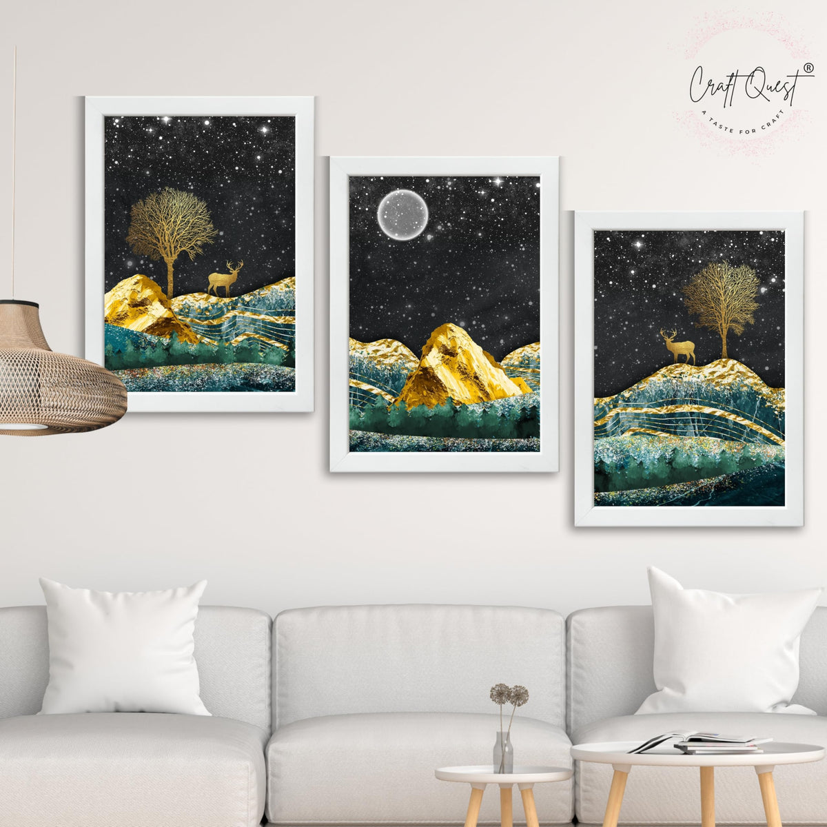 CRAFT QUEST Modern Art Landscape With Turquoise Mountains & Golden Trees Wall Art | Set of 3 Frames for Home Decoration | Ideal for Living Room, Bedroom & Offices