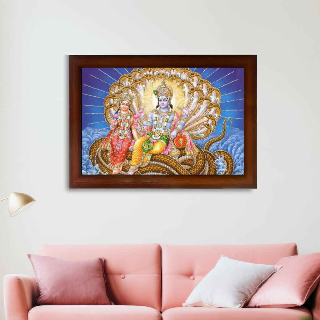 CRAFT QUEST Goddess Lakshmi pressing legs of lord Vishnu on Shesh naag, Glitter Work Painting