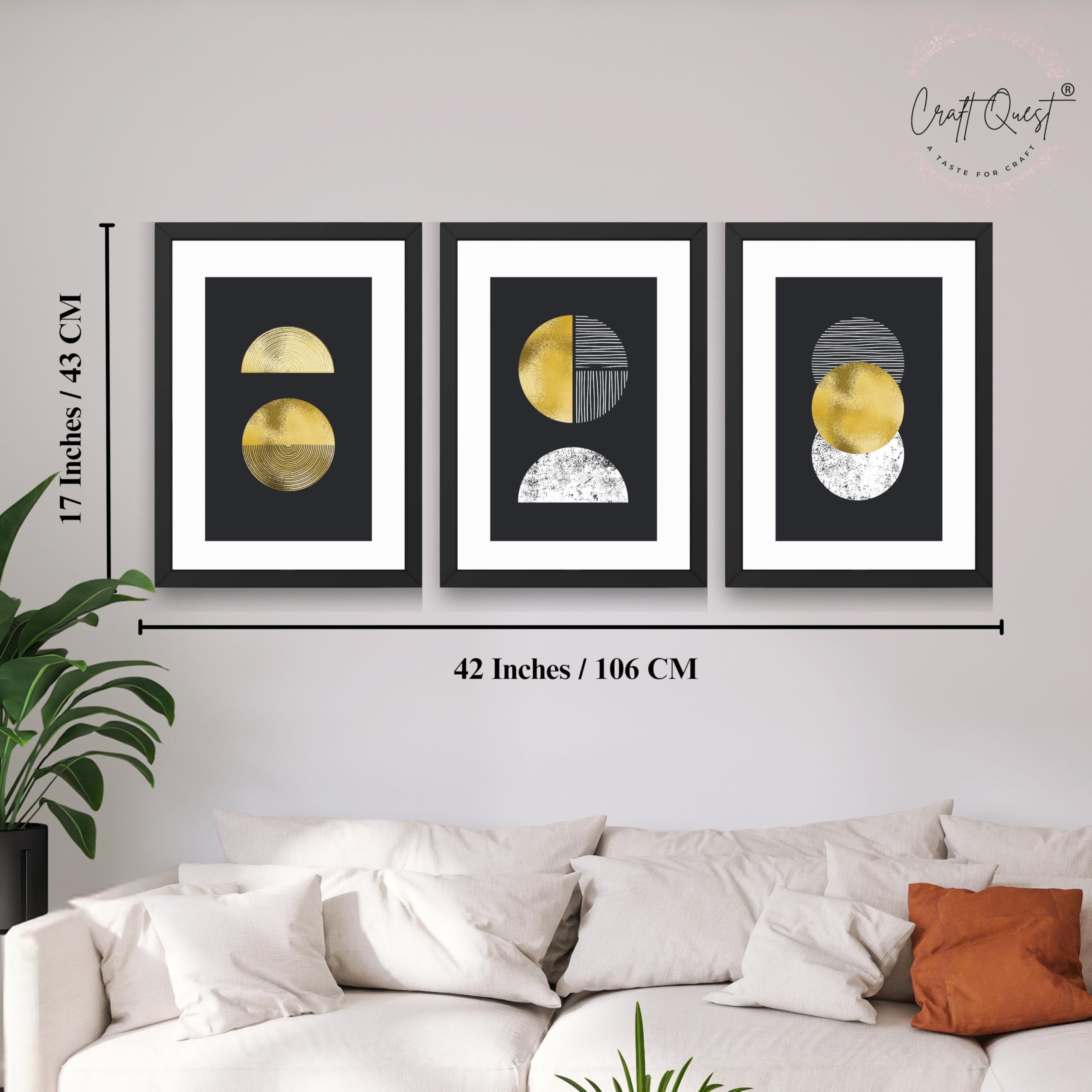 CRAFT QUEST Modern Minimalist Mid Century Abstract Wall Art | Set of 3 Frames for Home Decoration | Ideal for Living Room, Bedroom & Offices