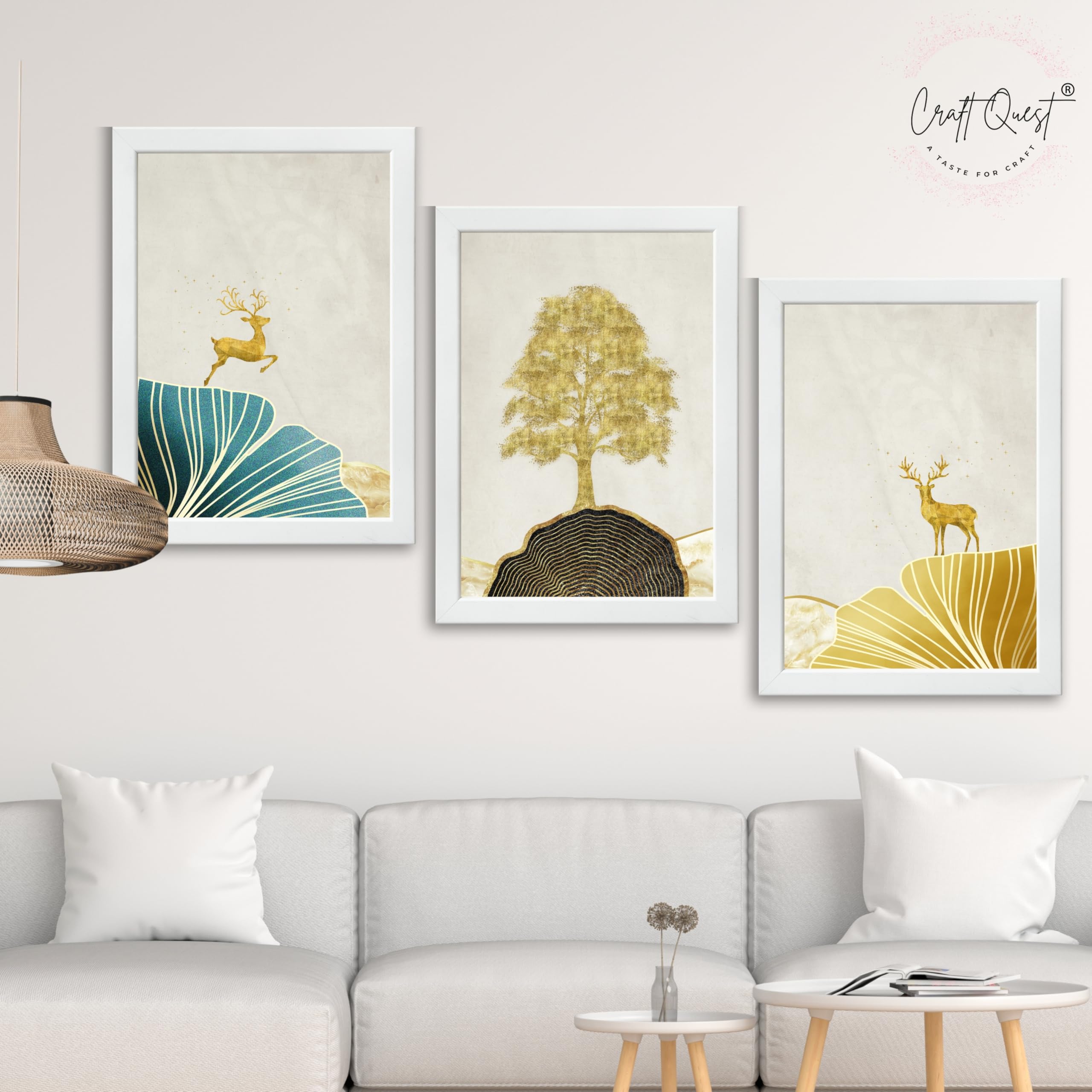 CRAFT QUEST Modern Art Landscape Of Golden Tree & Deer Wall Art | Set of 3 Frames for Home Decoration | Ideal for Living Room, Bedroom & Offices