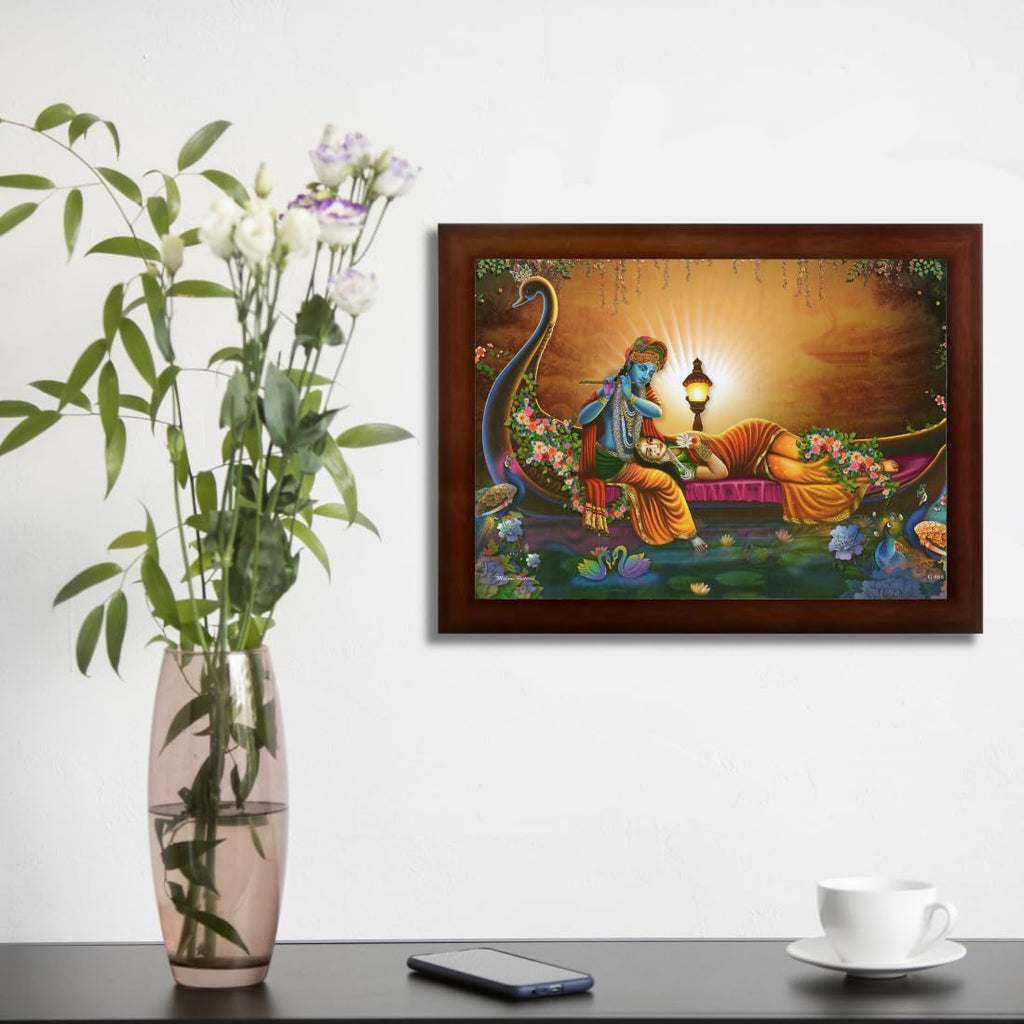 Craft Quest Radha Krishna Sparkle Coated Home Decorative Gift Item Framed Painting (10 X 14 Inches, Brown) RK1013-108