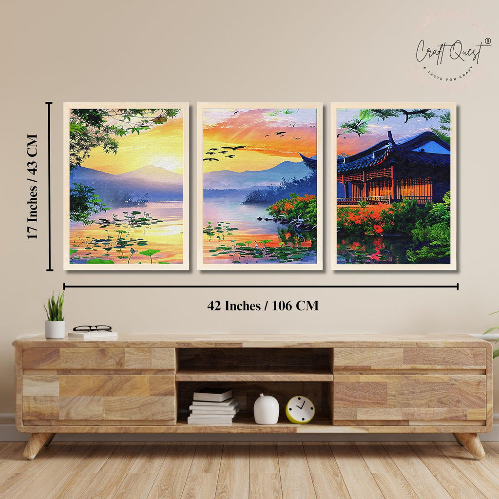 CRAFT QUEST Modern Art Of Sunset Wall Art | Set of 3 Frames for Home Decoration | Ideal for Living Room, Bedroom & Offices