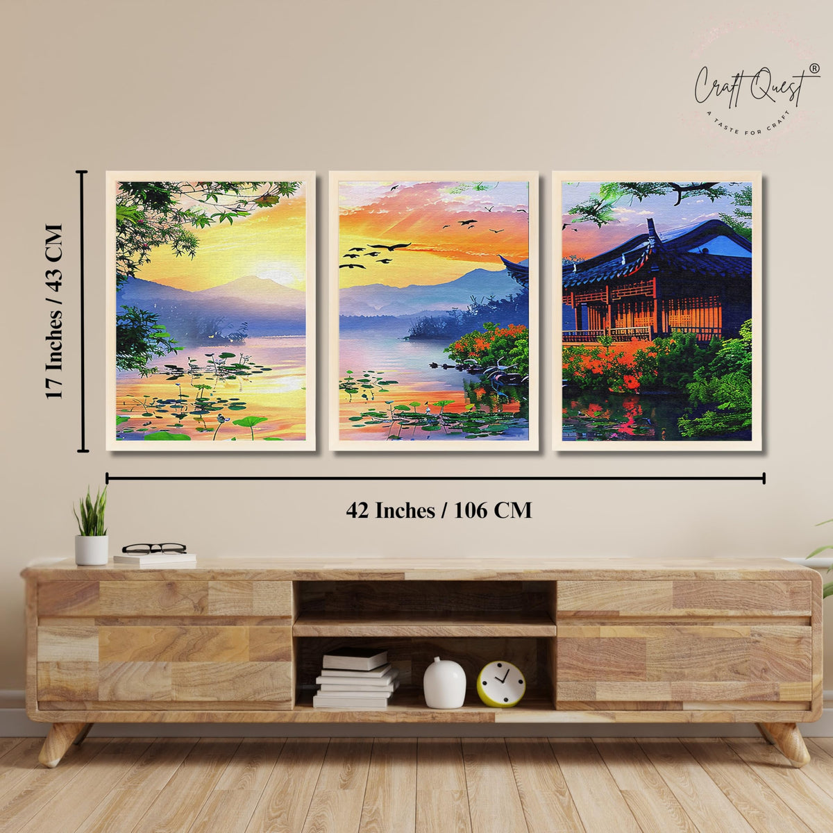 CRAFT QUEST Modern Art Of Sunset Wall Art | Set of 3 Frames for Home Decoration | Ideal for Living Room, Bedroom & Offices