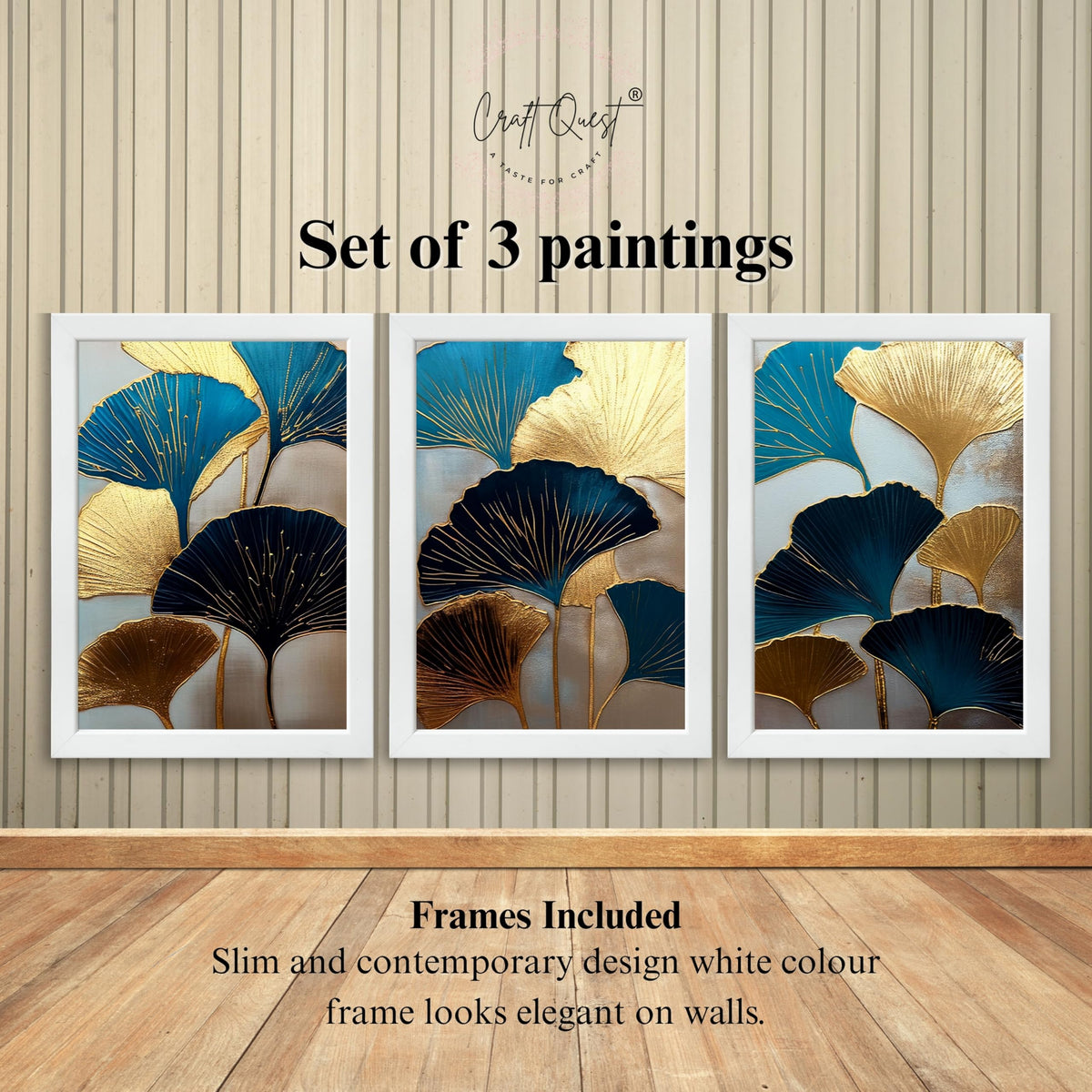 CRAFT QUEST Modern Art Abstract Aureate Geometry Wall Art | Set of 3 Frames for Home Decoration | Ideal for Living Room, Bedroom & Offices