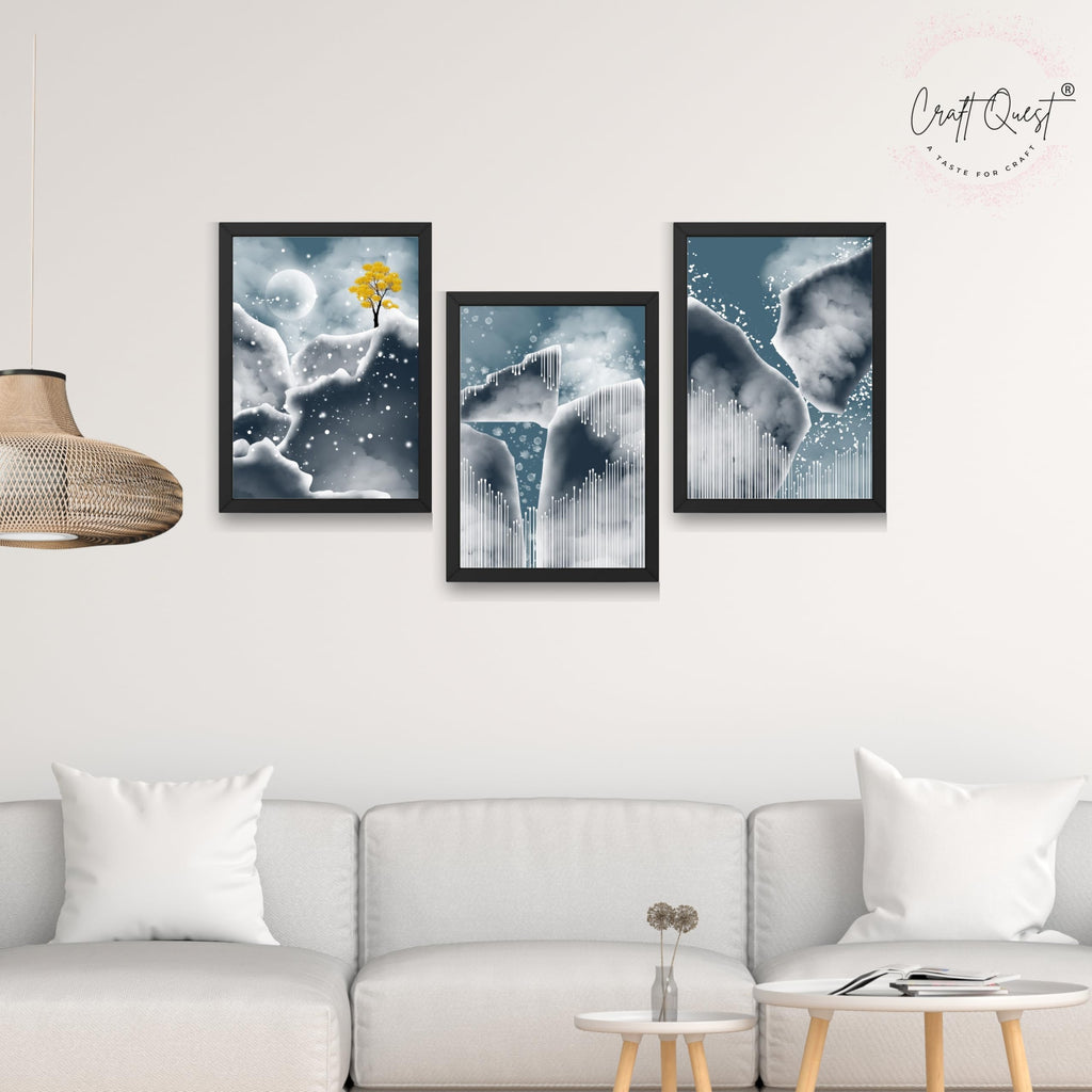 CRAFT QUEST Modern Art Abstract Blue Landscape Wall Art | Set of 3 Frames for Home Decoration | Ideal for Living Room, Bedroom & Offices