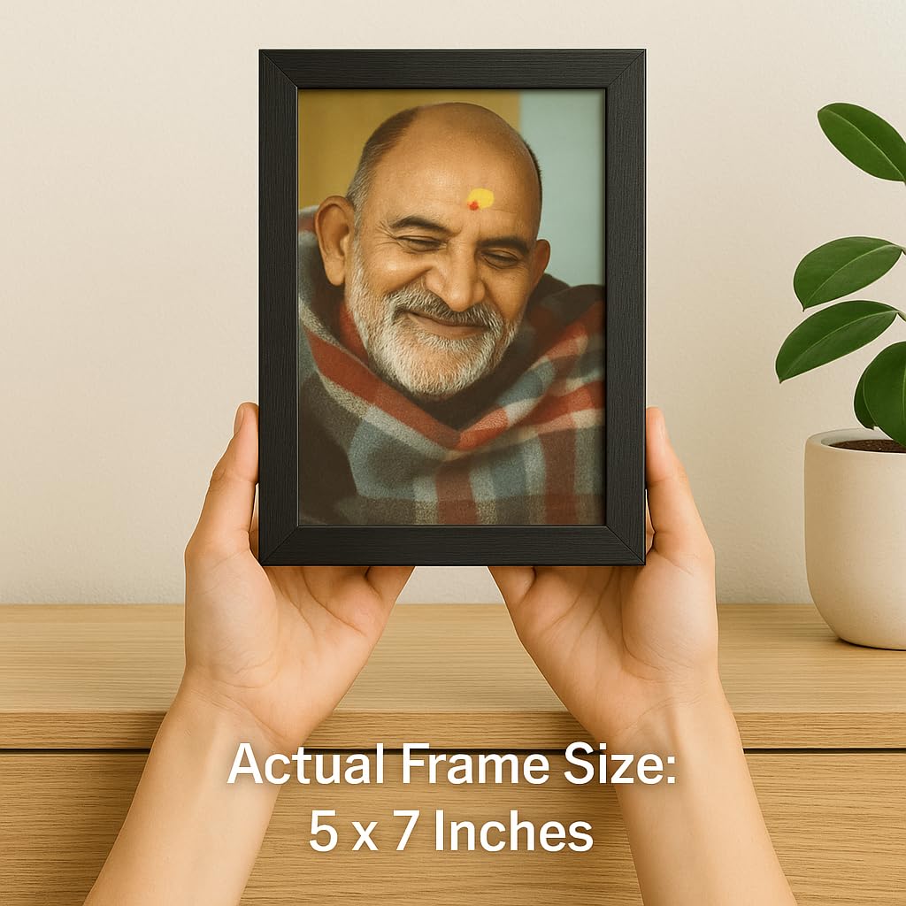 Great More wood Neem Karoli Baba Photo Frame, Medium Size, Tabletop or Wall Mount, Graceful Smile Image-5x7 inch-103, Rectangular, Black
