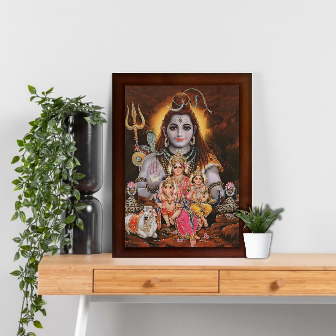 Craft Quest Shiv Parivar | Shiv Parvati (Shiv Shankar, Maa Parvati, Ganesh and Kartikey) Religious Synthetic Photo Frame Sparkle Coated for Pooja (10 X 14 inch, Multicolour)