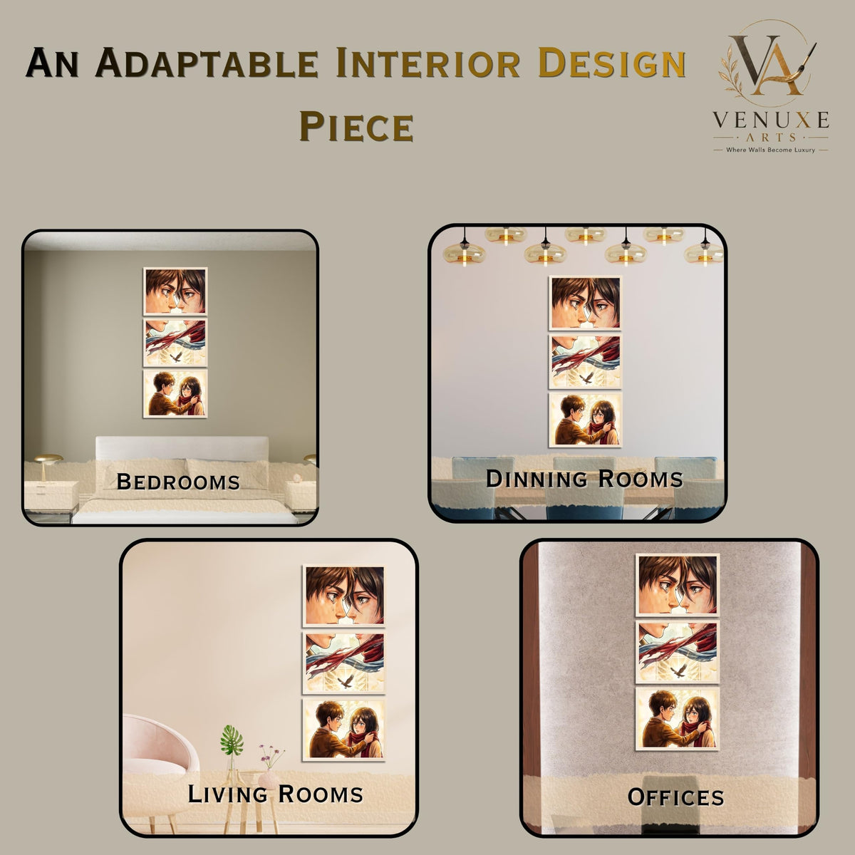 VENUXE ARTS Set Of 3 Anime Characters Wall Framed |Anime Characters Framed Poster for Living Room Bedroom Gaming Room Studio Wall Decor