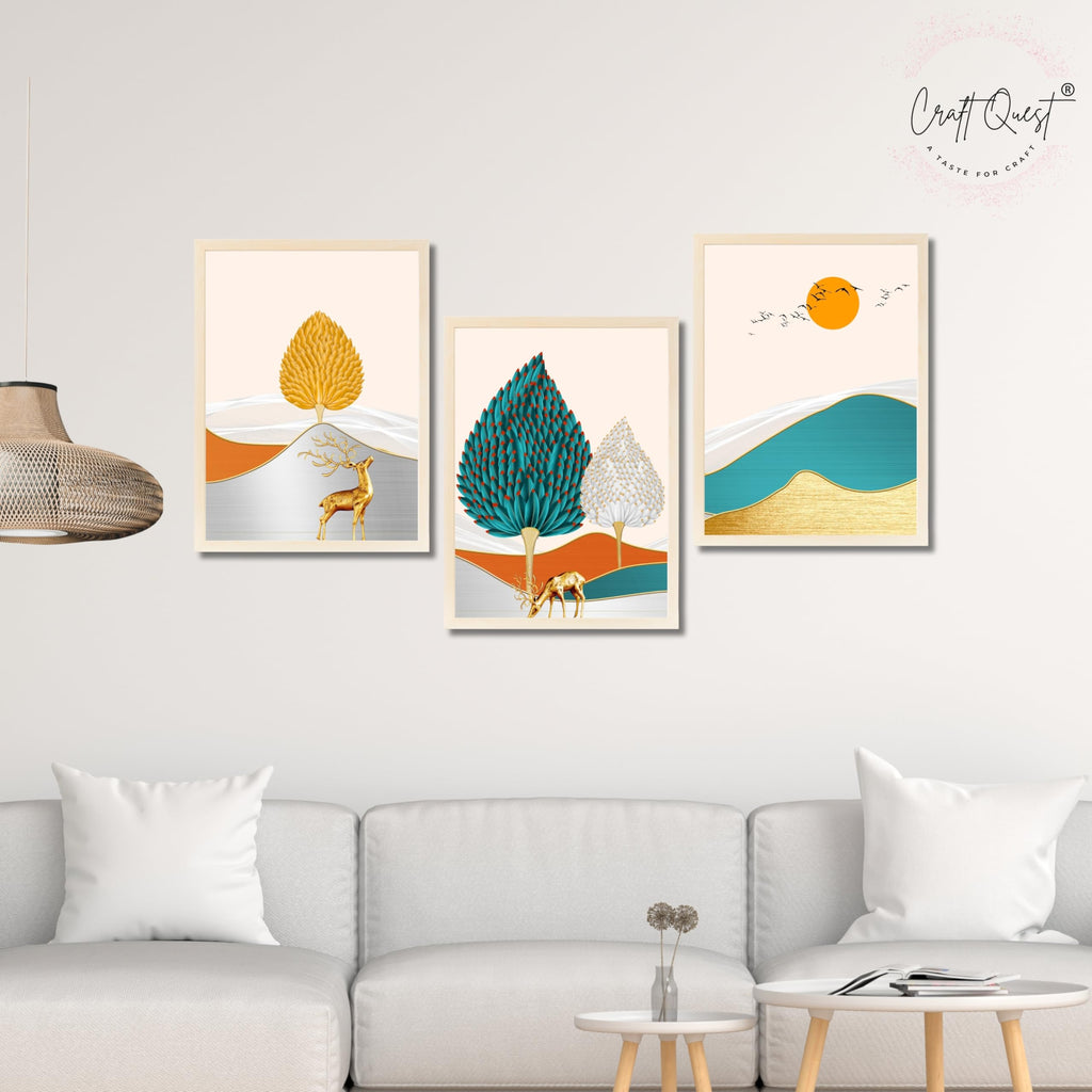 CRAFT QUEST Modern Art Landscapes Sanlian Adornment Abstract Wall Art | Set of 3 Frames for Home Decoration | Ideal for Living Room, Bedroom & Offices