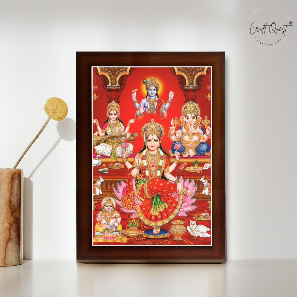 CRAFT QUEST Lakshmi Devi Ganesha Saraswati Ganesh ji Hanging Wall Painting Framed Home and Pooja Decor Hindu Bhagwan Devi Devta Photo Frame