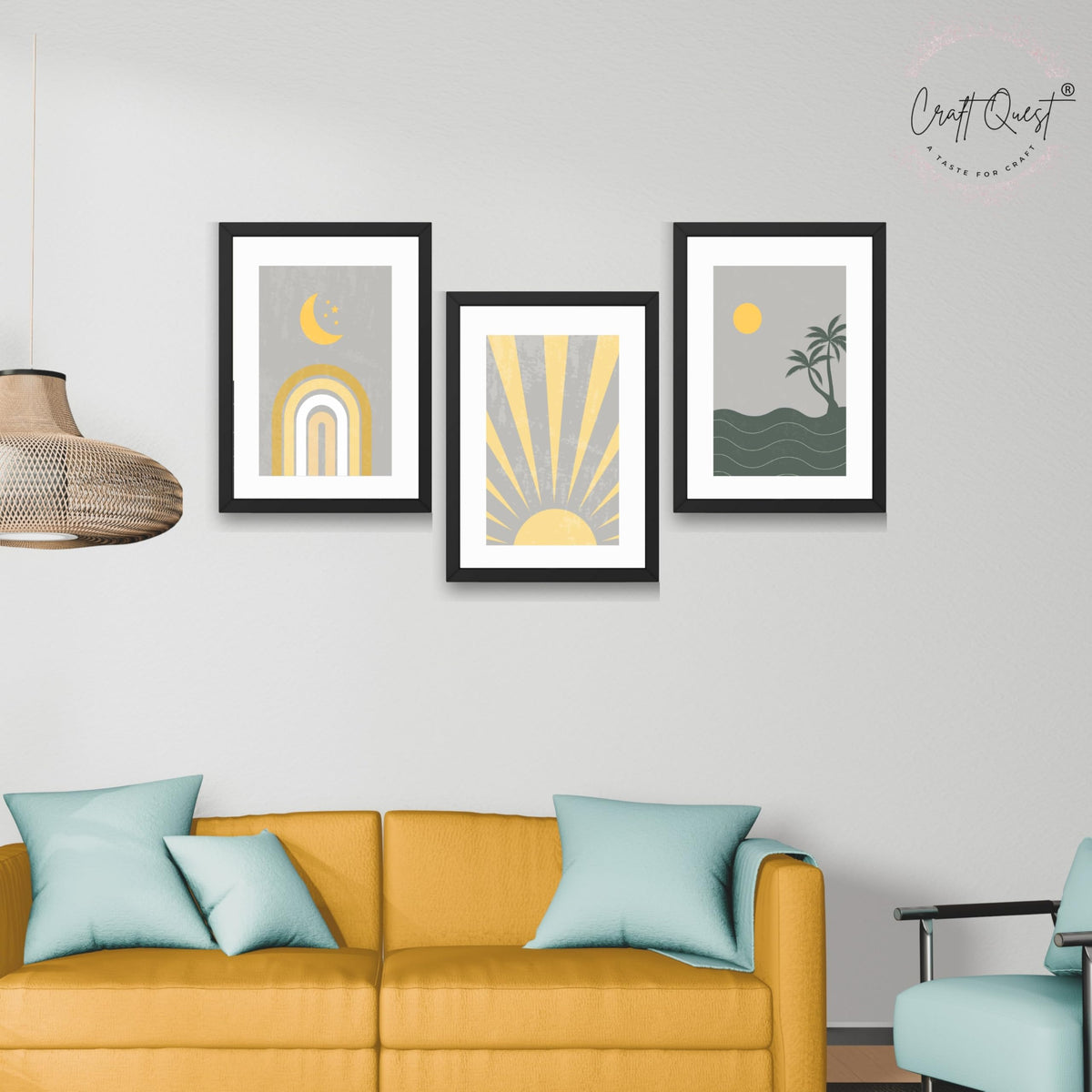 CRAFT QUEST Wall Art Decor Paintings | Set of 3 BOHO Wall Art Frames for Home Decoration | Ideal for Living Room, Bedroom & Offices