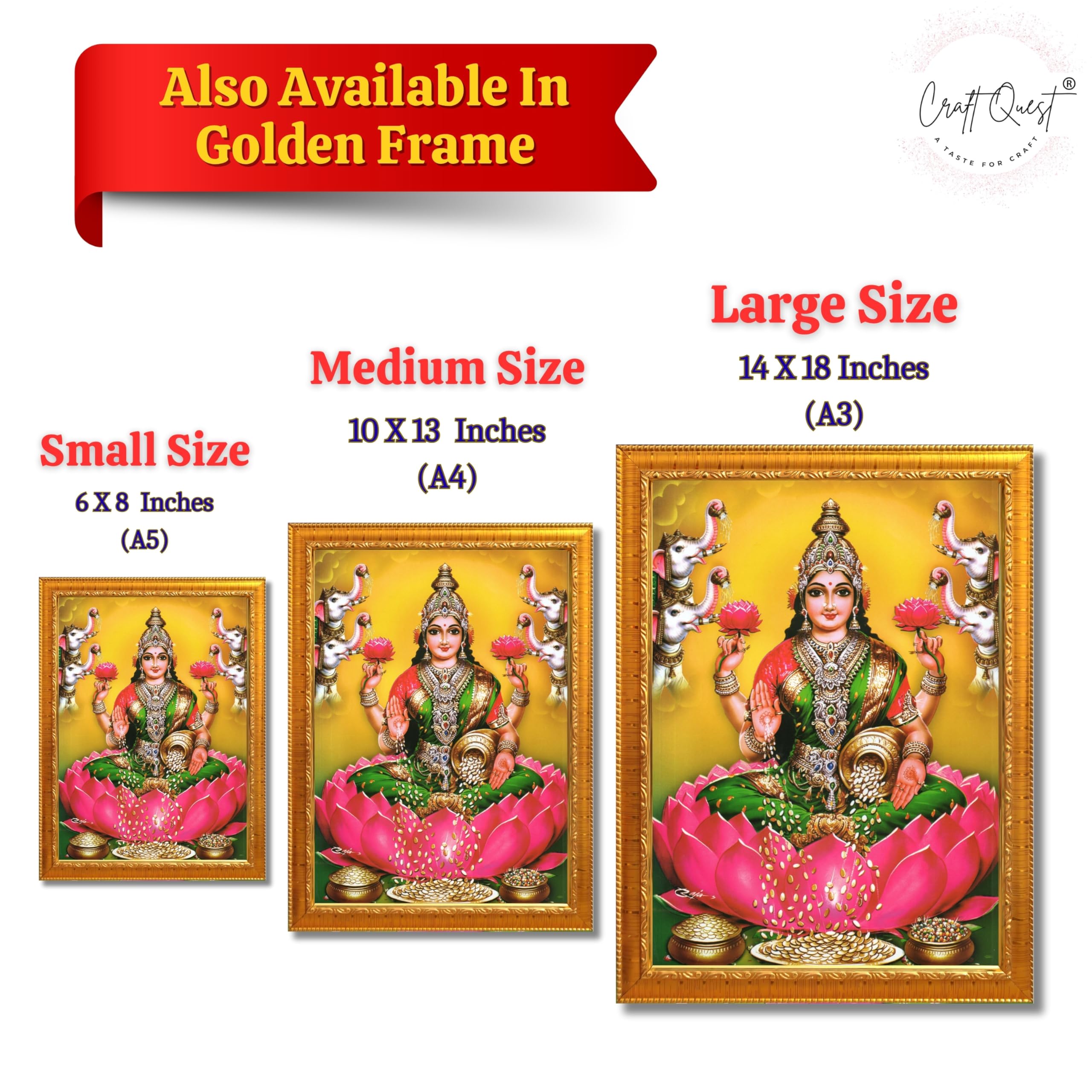 CRAFT QUEST Goddess Lakshmi Mata Devi Vaibhav Laxmi Maa Wall Painting Photo Framed | Ideal for Home, Office, Temple & Puja Room, Wall Decor
