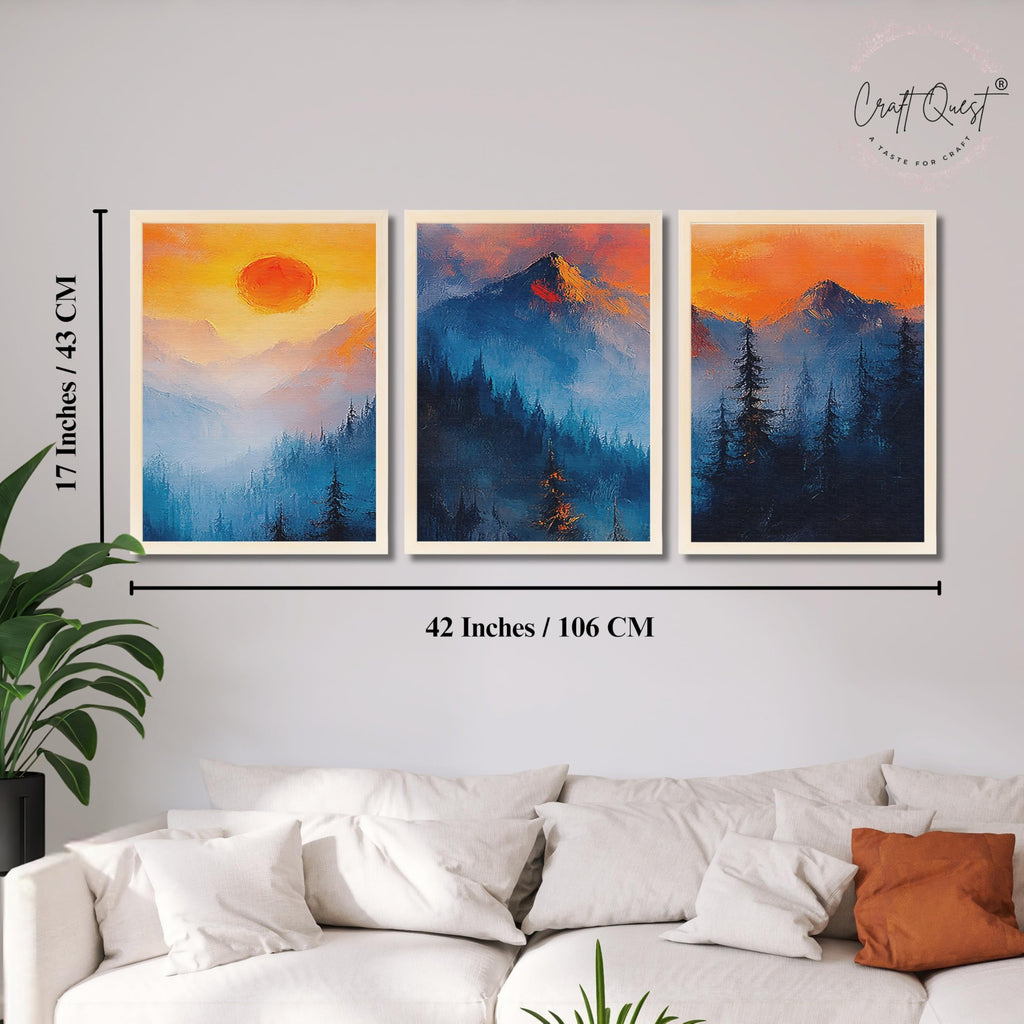 CRAFT QUEST Nature Inspired Landscape With Trees & Mountains Wall Art | Set of 3 Frames for Home Decoration | Ideal for Living Room, Bedroom & Offices