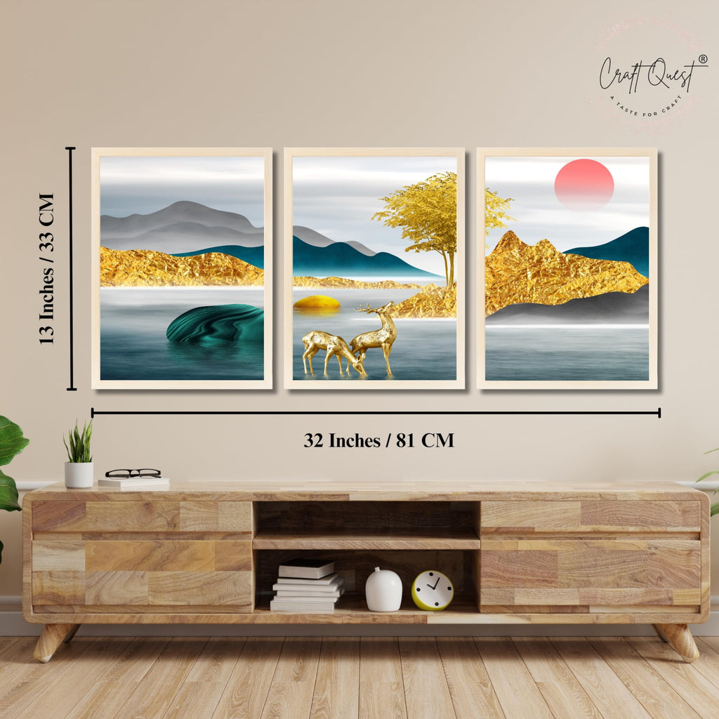 CRAFT QUEST Modern Art Landscapes Sanlian Abstract Wall Art | Set of 3 Frames for Home Decoration | Ideal for Living Room, Bedroom & Offices