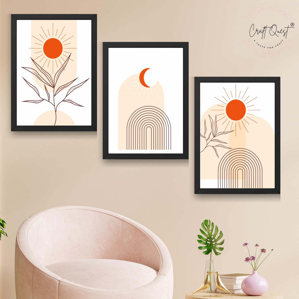 CRAFT QUEST Wall Art Decor Paintings | Set of 3 BOHO Wall Art Frames for Home Decoration | Ideal for Living Room, Bedroom & Office