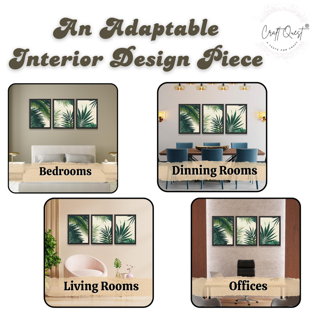 CRAFT QUEST Nature Inspired Tropical Palm Leaves Modern Wall Art | Set of 3 Frames for Home Decoration | Ideal for Living Room, Bedroom & Offices