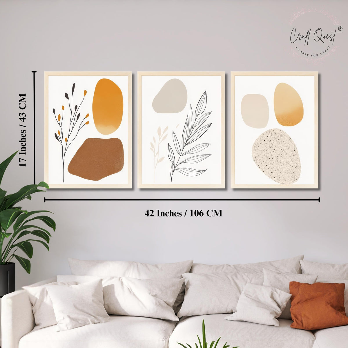 CRAFT QUEST SET OF 3 Organic Abstract Modern Wall Art | Set of 3 Frames for Home Decoration | Ideal for Living Room, Bedroom & Offices