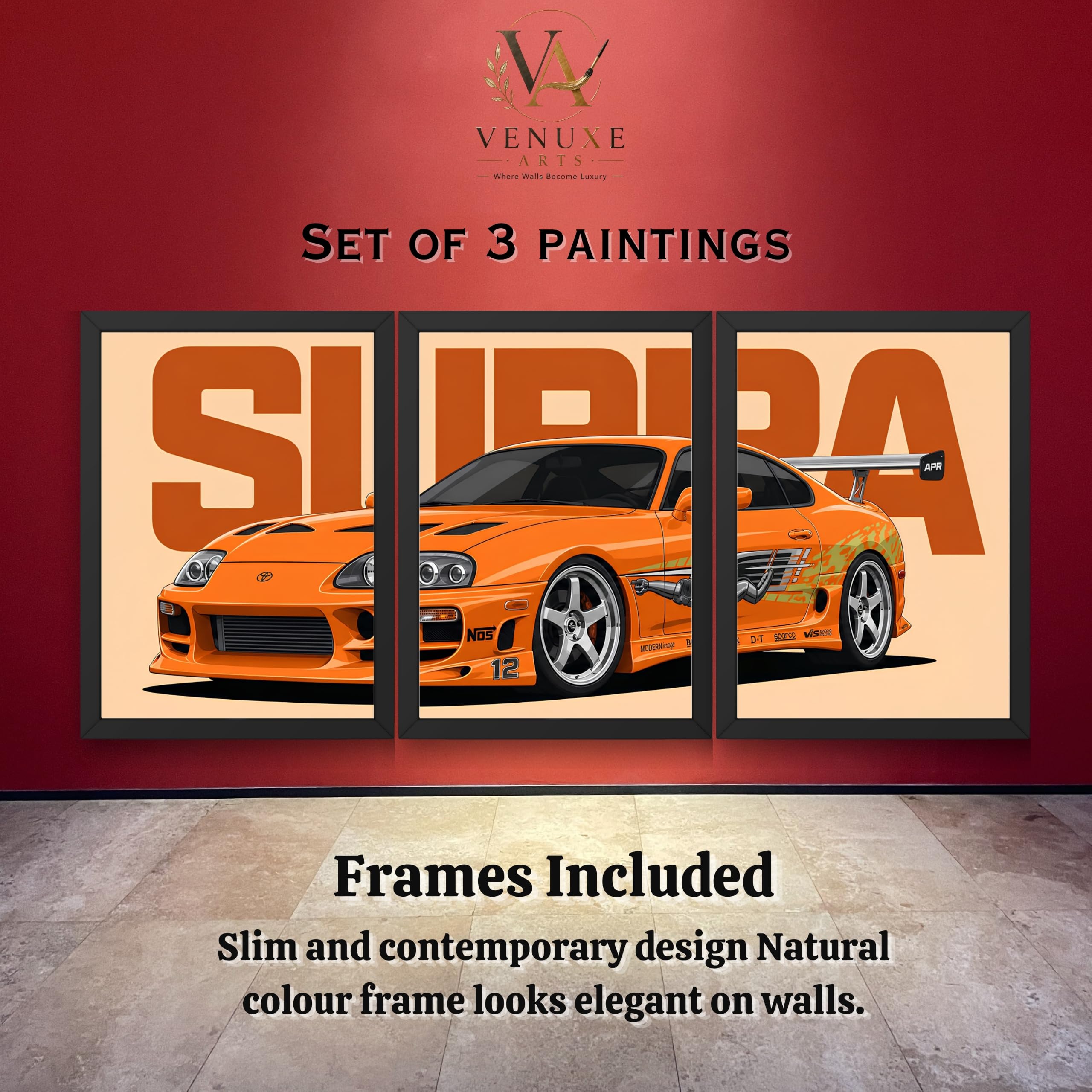 VENUXE ARTS Set Of 3 Big Sports Cars Framed Posters Gift Items for Boys Room Wall Decoration Bedroom Living Room Office Studio Décor | Car Poster Frame for Wall Décor