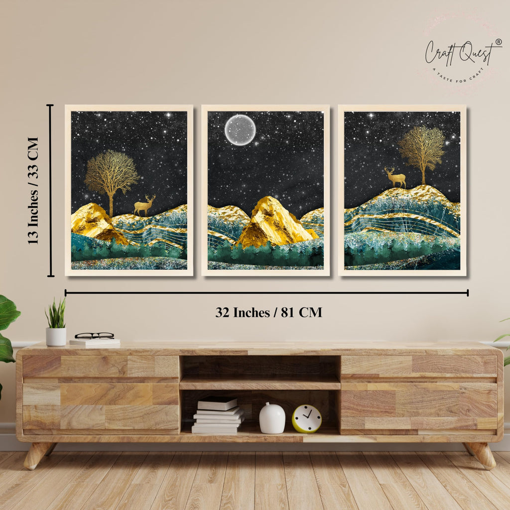 CRAFT QUEST Modern Art Landscape With Turquoise Mountains & Golden Trees Wall Art | Set of 3 Frames for Home Decoration | Ideal for Living Room, Bedroom & Offices