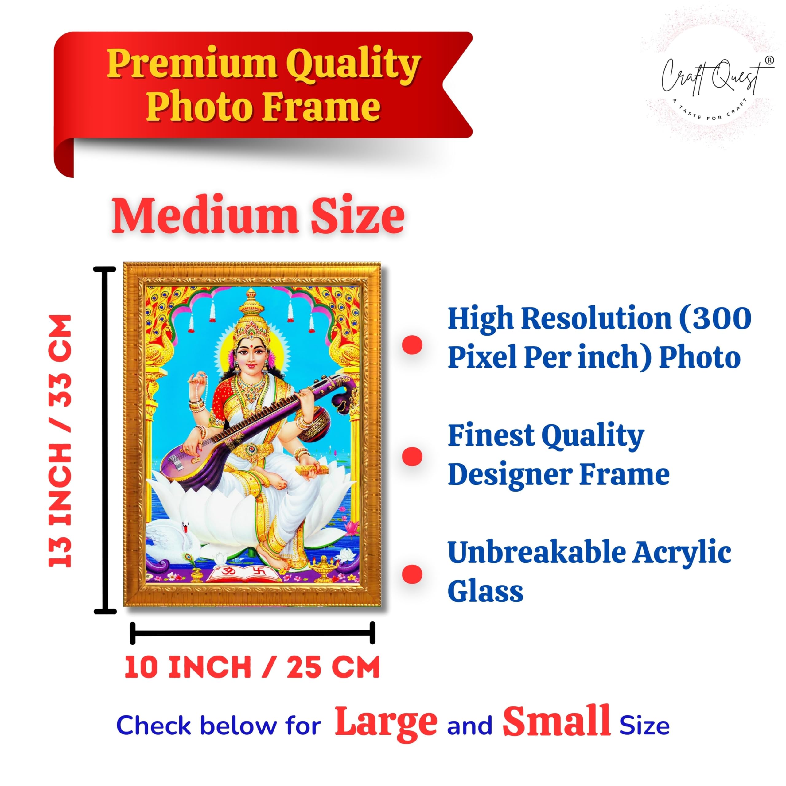 CRAFT QUEST Saraswati Devi Goddess Saraswathi Maa Wall Painting Sparkle Coated Framed Home Décor Synthetic wood Frame