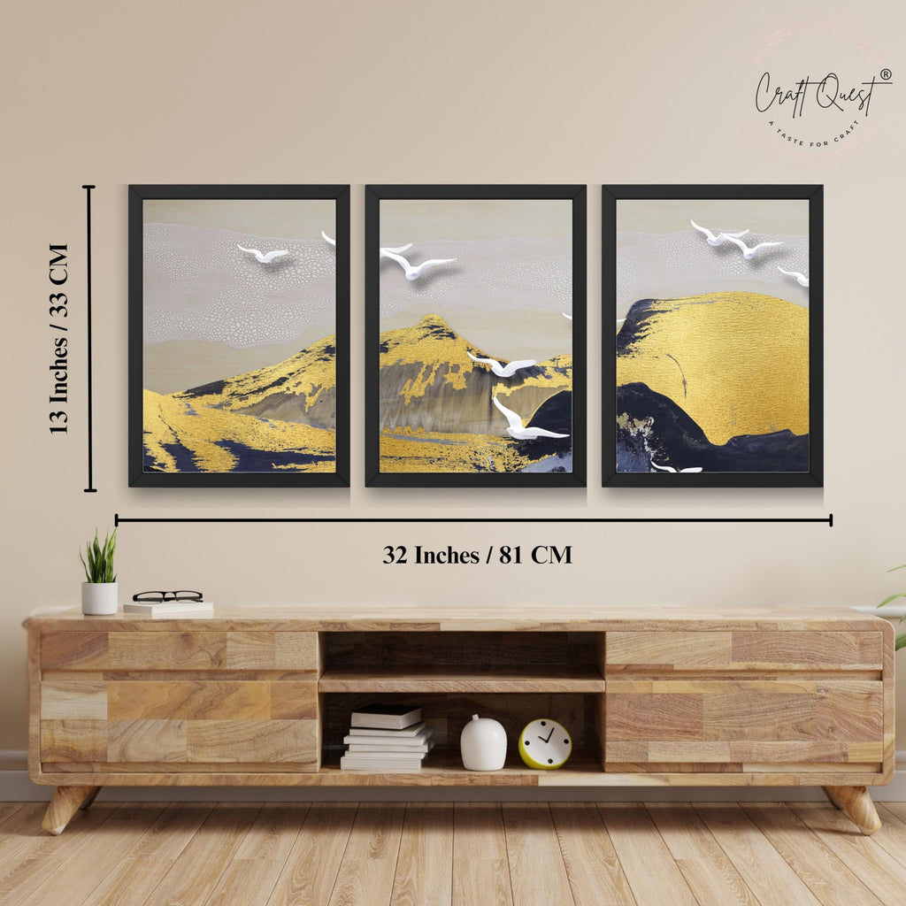 CRAFT QUEST Modern Art Abstract Porch Golden Wall Art | Set of 3 Frames for Home Decoration | Ideal for Living Room, Bedroom & Offices