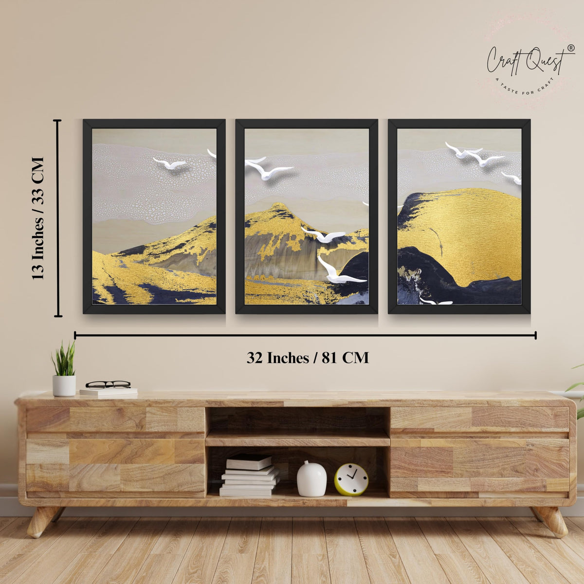 CRAFT QUEST Modern Art Abstract Porch Golden Wall Art | Set of 3 Frames for Home Decoration | Ideal for Living Room, Bedroom & Offices