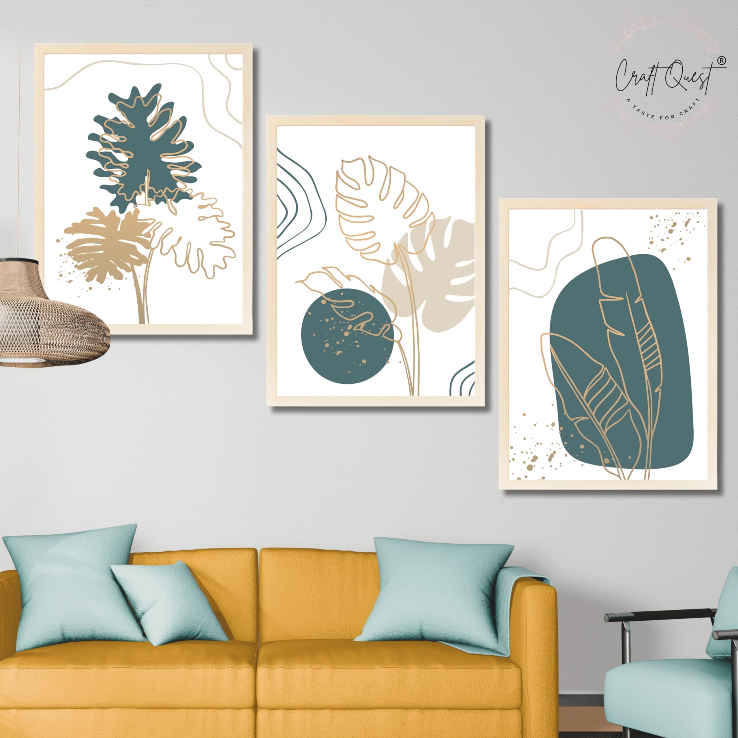 CRAFT QUEST Boho Leaf Artwork | Set of 3 Frames for Home Decoration | Ideal for Living Room, Bedroom & Offices