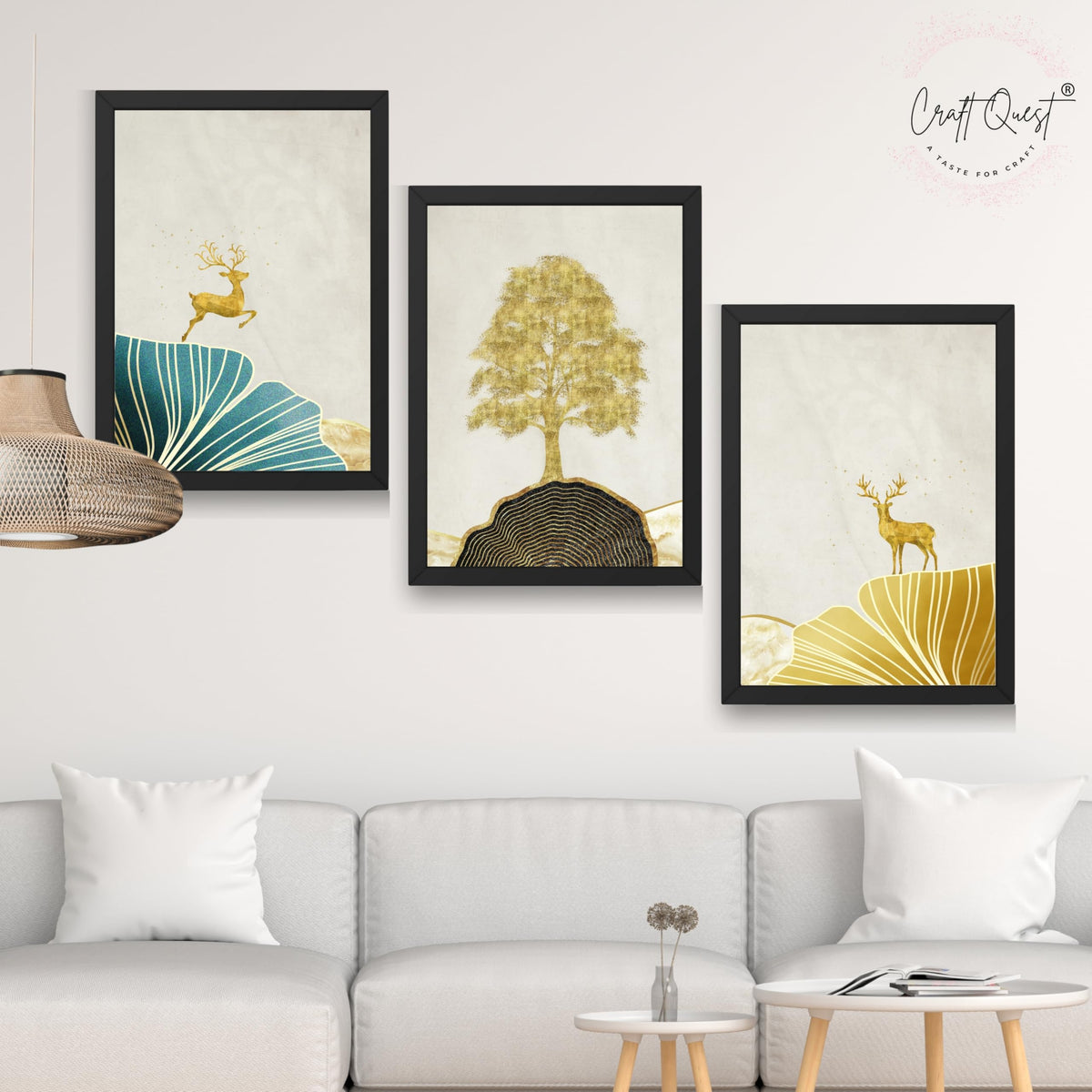 CRAFT QUEST Modern Art Landscape Of Golden Tree & Deer Wall Art | Set of 3 Frames for Home Decoration | Ideal for Living Room, Bedroom & Offices