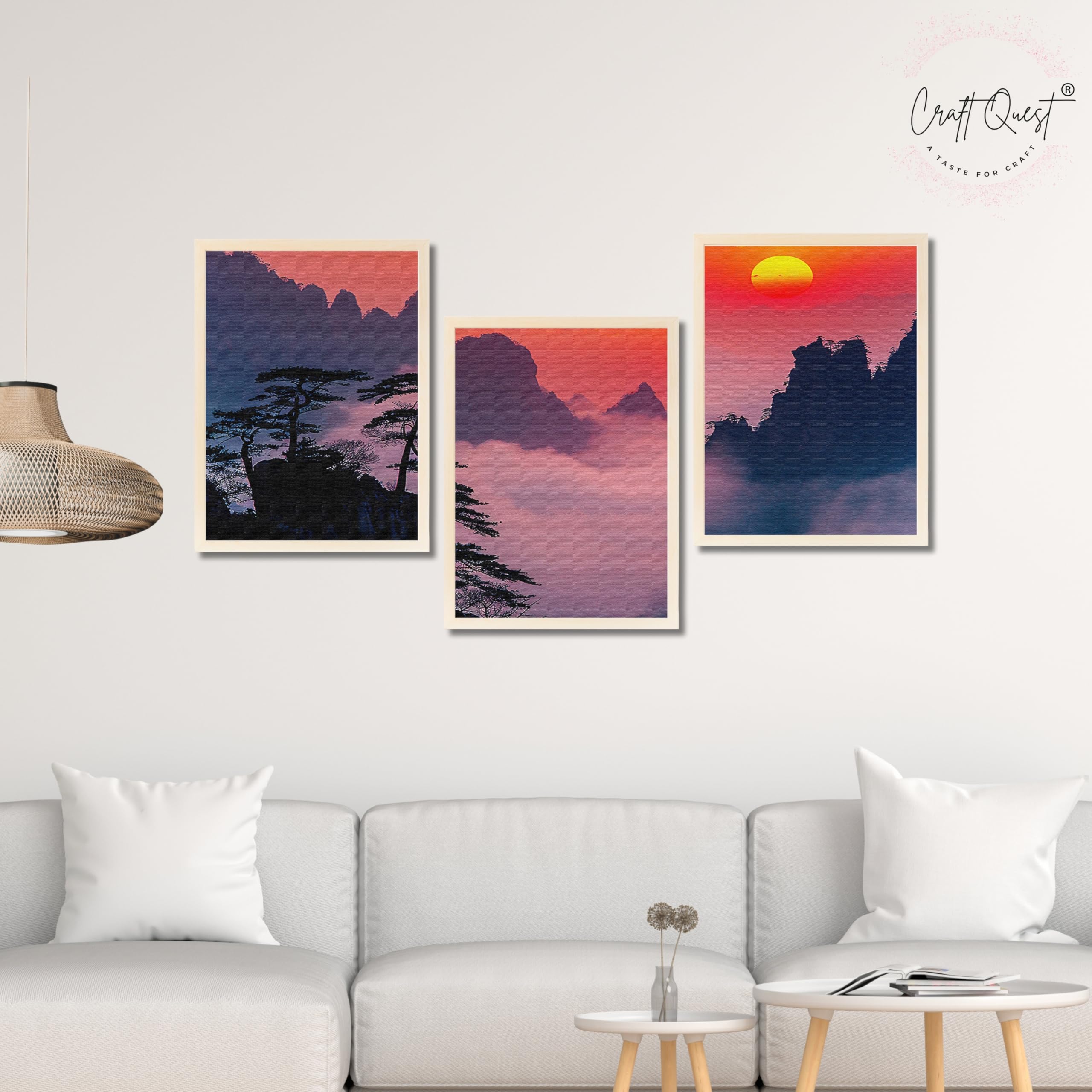 CRAFT QUEST Nature Inspired Mountains & Clouds Wall Art | Set of 3 Frames for Home Decoration | Ideal for Living Room, Bedroom & Offices