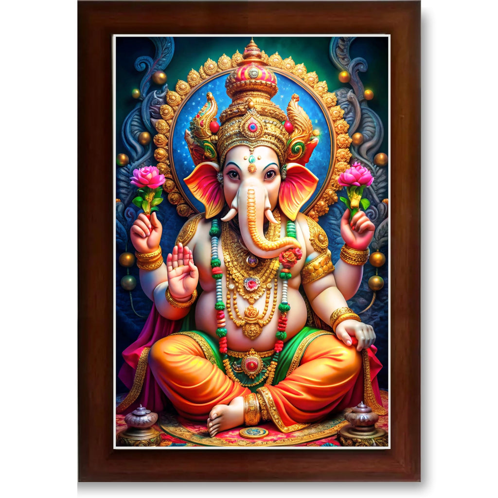 CRAFT QUEST Laminated God Ganpati ji Photo Frame Wall Decor Mandir Pooja Poster Religious Painting Divine Hindu Temple Decoration Spiritual Blessings Home Office Gift