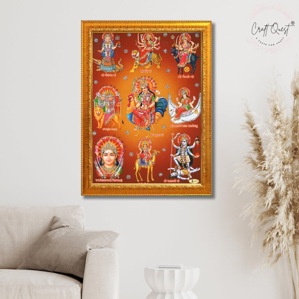 CRAFT QUEST Goddess Navdurga Durga MataJi Wall Painting Framed Home and Pooja Décor Item