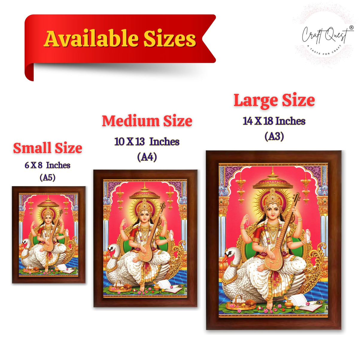 CRAFT QUEST Saraswati Devi Goddess Saraswathi Maa Wall Painting Sparkle Coated Framed Home Décor Synthetic wooden Framed