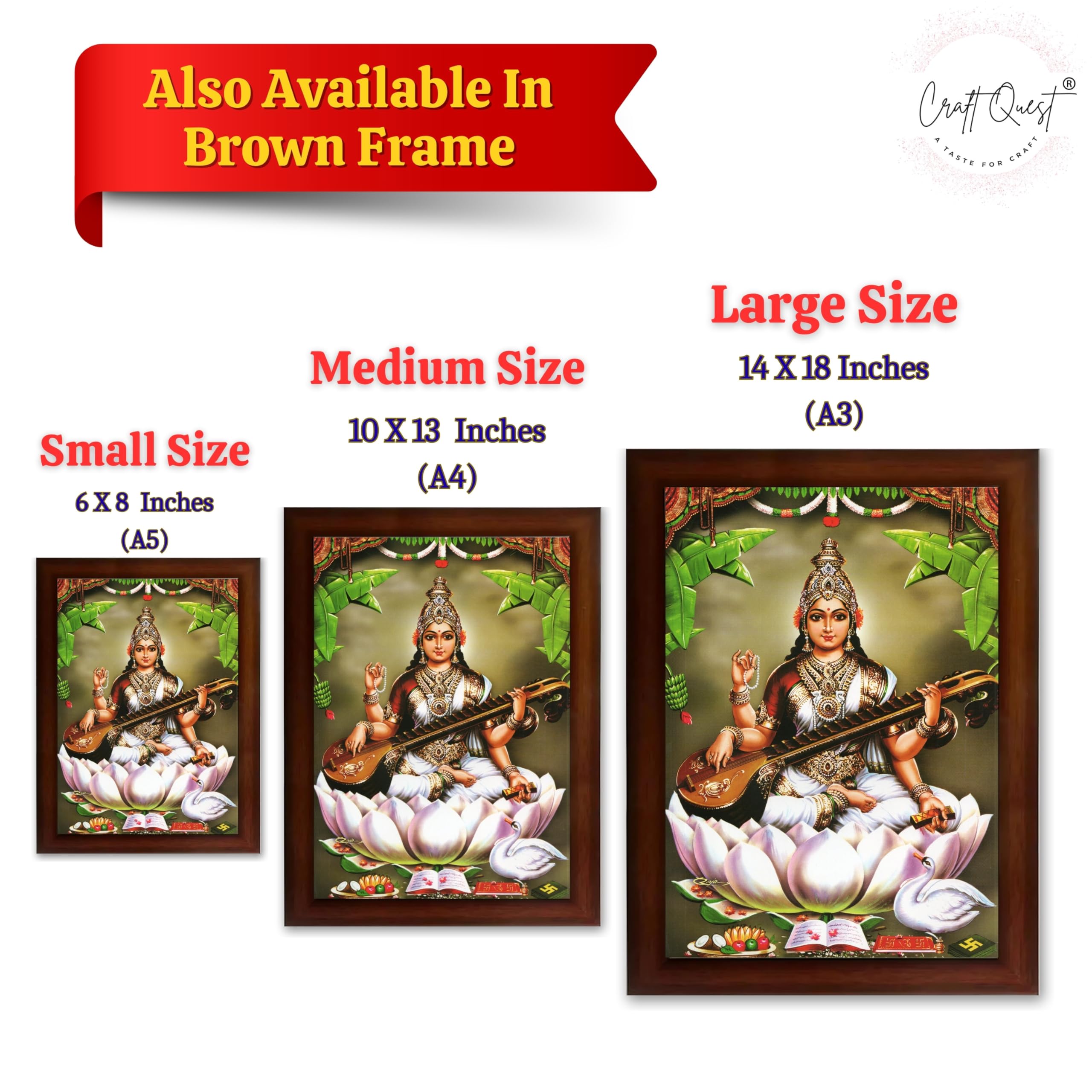 CRAFT QUEST Saraswati Devi Goddess Saraswathi Maa Photo Frame | Religious Photo Frame | Ideal for Home, Office, Temple & Puja Room, Wall Decor