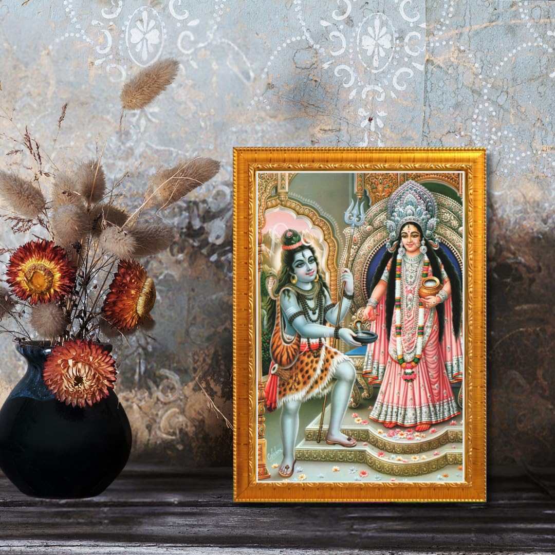 CRAFT QUEST Shiva & Maa Annapurna devi sitting on throne photo frame with Laminated Poster for Kitchen Worship (8 X 6 Inches, Golden)