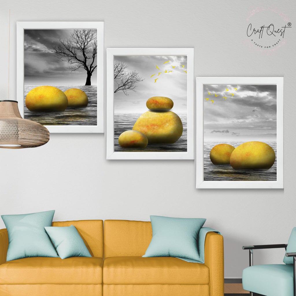 CRAFT QUEST Modern Abstract Golden Stone Art | Set of 3 Frames for Home Decoration | Ideal for Living Room, Bedroom & Offices