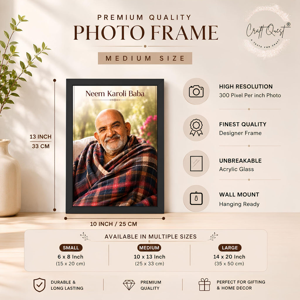 CRAFT QUEST Neem Karoli Baba Maharaj Ji Smiling Portrait Photo Frame for Wall | Spiritual Guru Religious Wall Art | Devotional Photo for Home, Mandir, Puja Room & Gifting