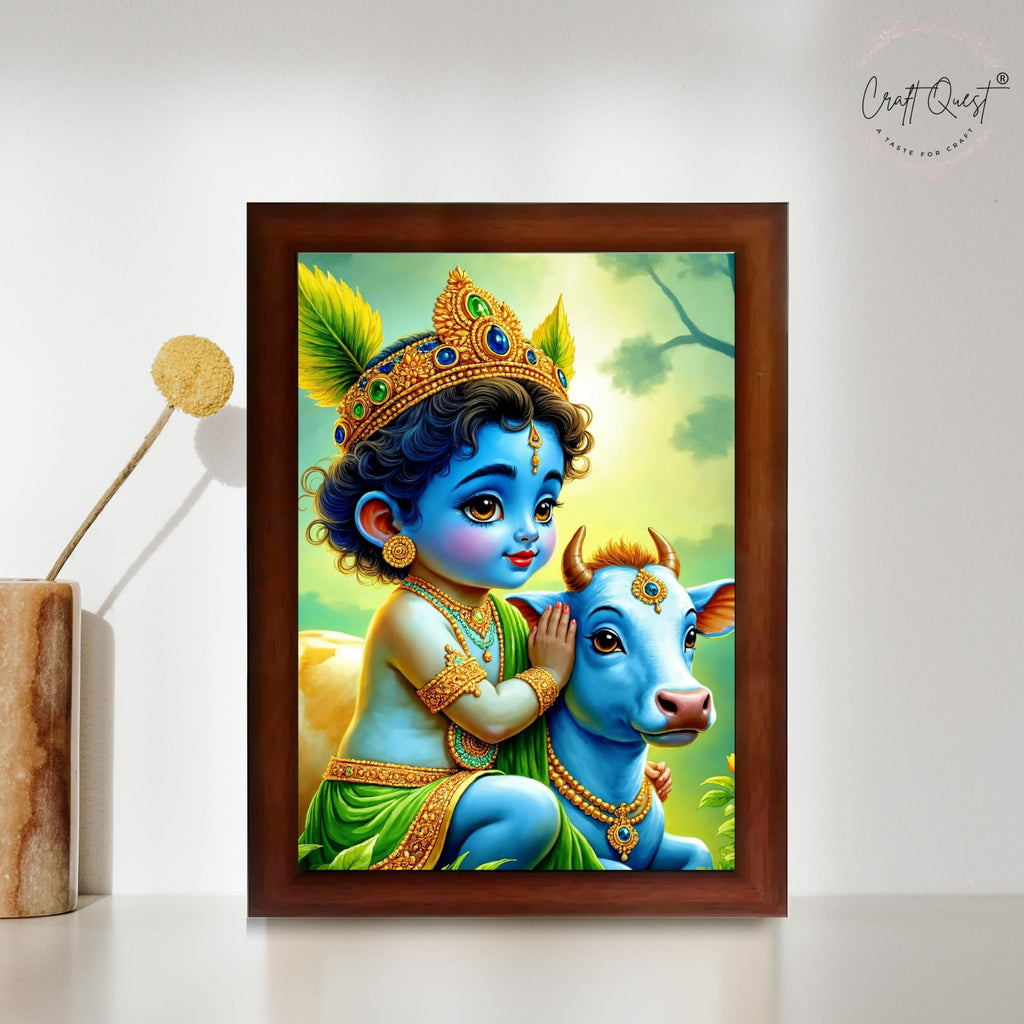 CRAFT QUEST Baby Krishna Photo Frame | Shri Bal Gopal Painting for Pregnant Women | Kanha Ji Poster | Laddu Lord Makhan Chor | Walls Home Bedroom Living Room Decoration Gift.
