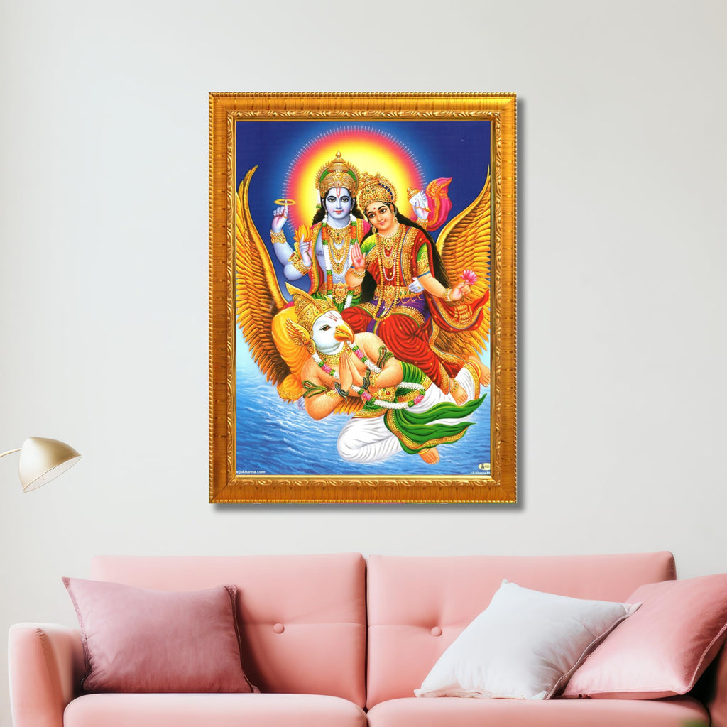 CRAFT QUEST Lord Vishnu and Goddess Lakshmi Giving Blessing on Garud Jii, Glitter Work Painting wooden framed