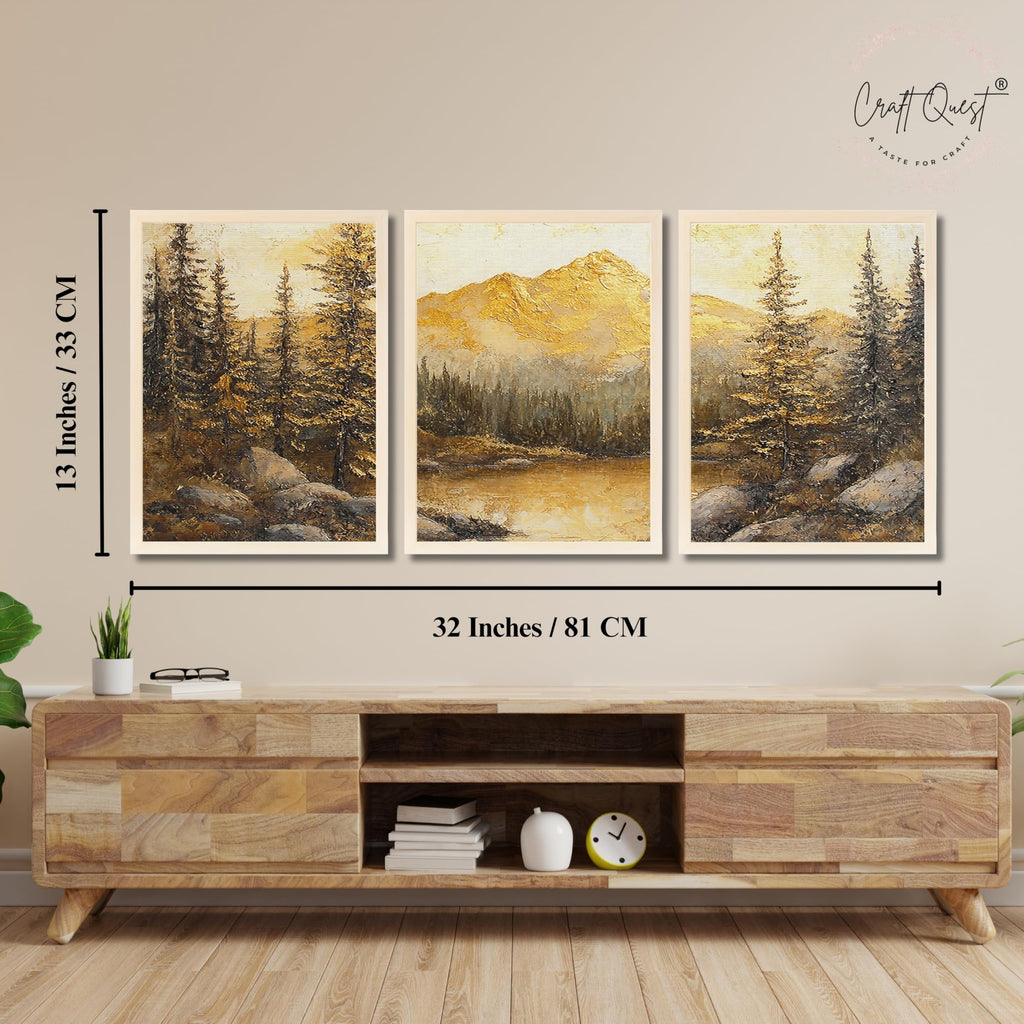 CRAFT QUEST Nature Inspired Painting Of Mountain With Trees Wall Art | Set of 3 Frames for Home Decoration | Ideal for Living Room, Bedroom & Office