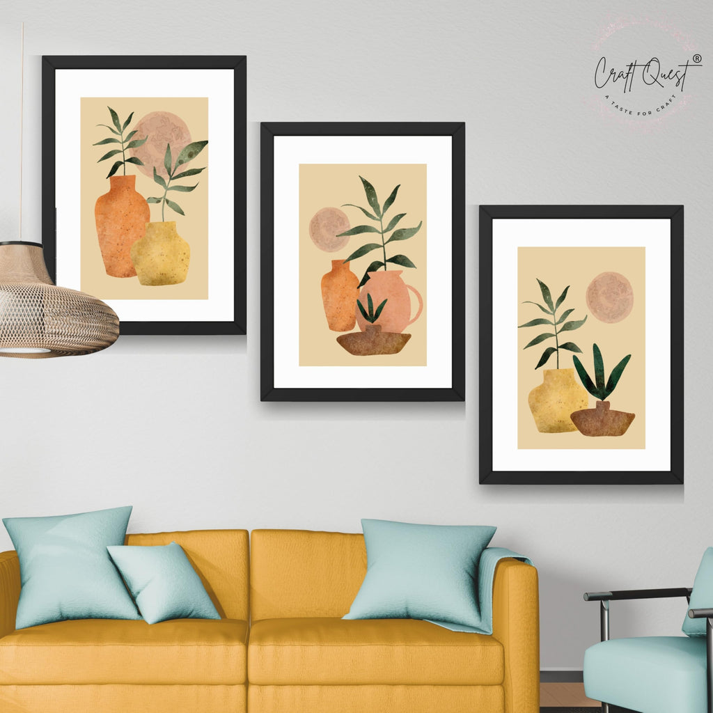 CRAFT QUEST Wall Art Decor Paintings | Set of 3 BOHO Wall Art Frames for Home Decoration | Ideal for Living Room, Bedroom & Office