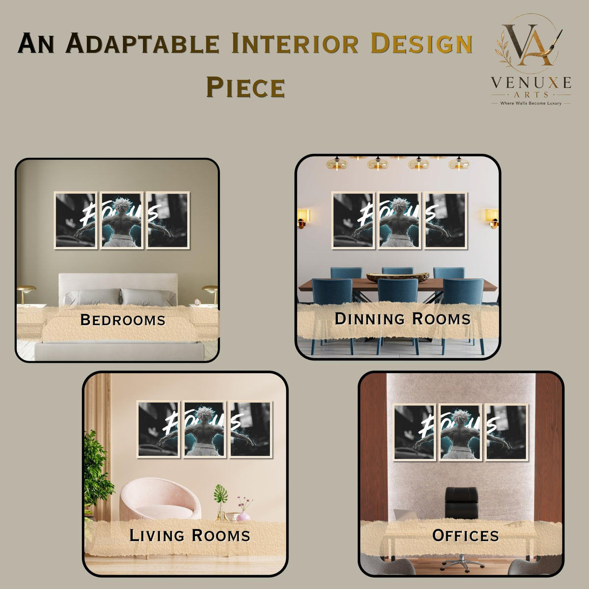 VENUXE ARTS Set Of 3 Anime Characters Wall Framed |Anime Characters Framed Poster for Living Room Bedroom Gaming Room Studio Wall Decor