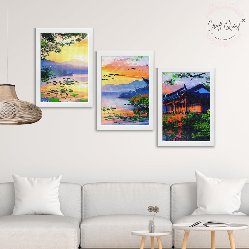 CRAFT QUEST Modern Art Of Sunset Wall Art | Set of 3 Frames for Home Decoration | Ideal for Living Room, Bedroom & Offices