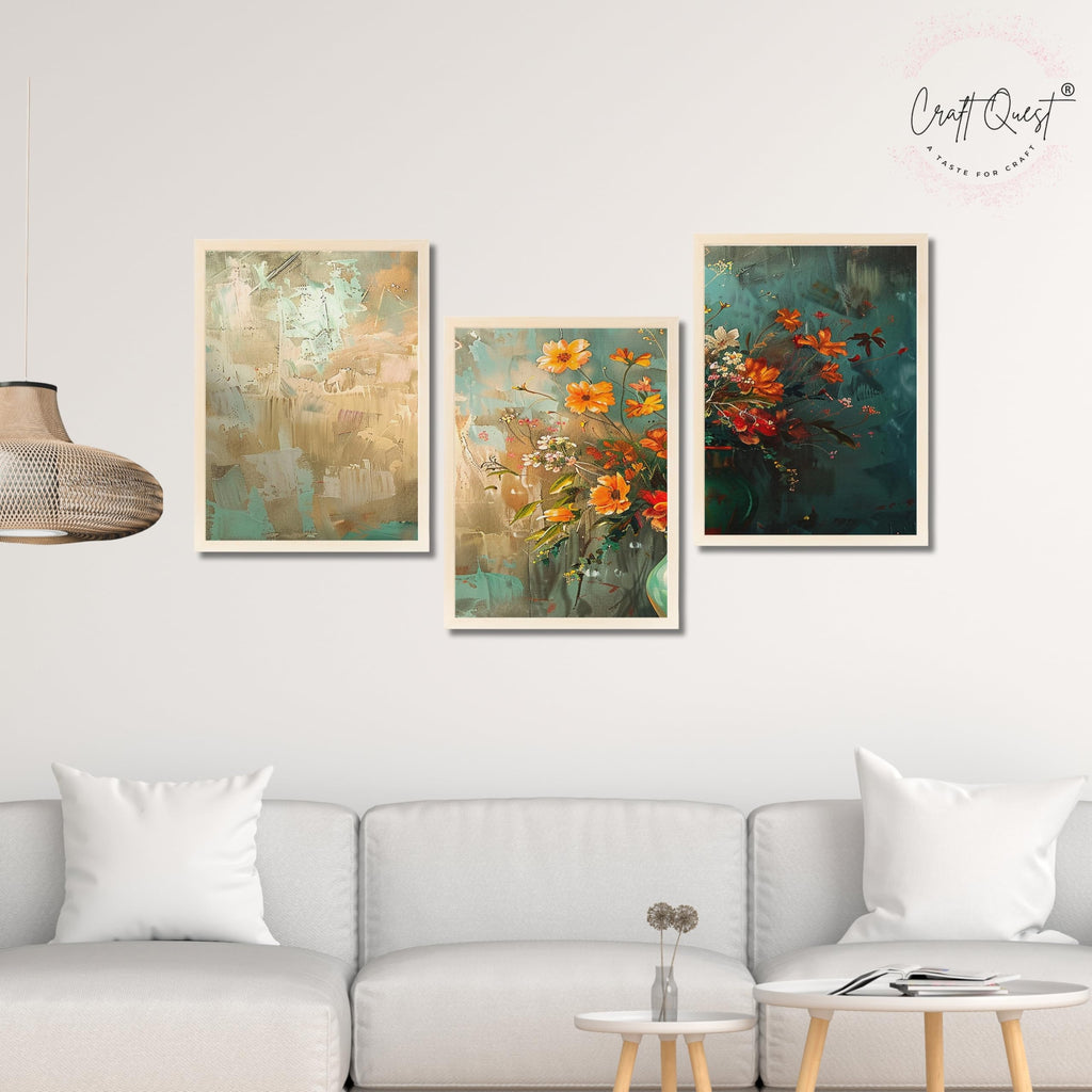 CRAFT QUEST Nature Inspired Paintings Of Flowers Wall Art | Set of 3 Frames for Home Decoration | Ideal for Living Room, Bedroom & Office